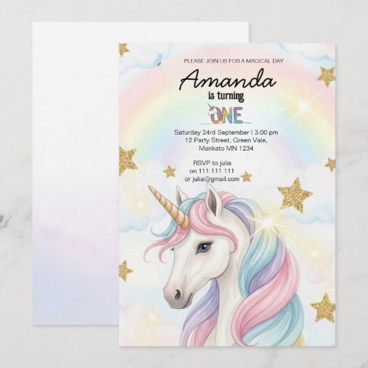 Unicorn Rainbow 1st Birthday Party Invitation Kaart (Voorkant / Achterkant)