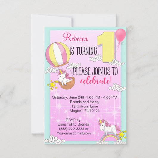 Unicorn Rainbow 1st Birthday Party Kaart (Voorkant)