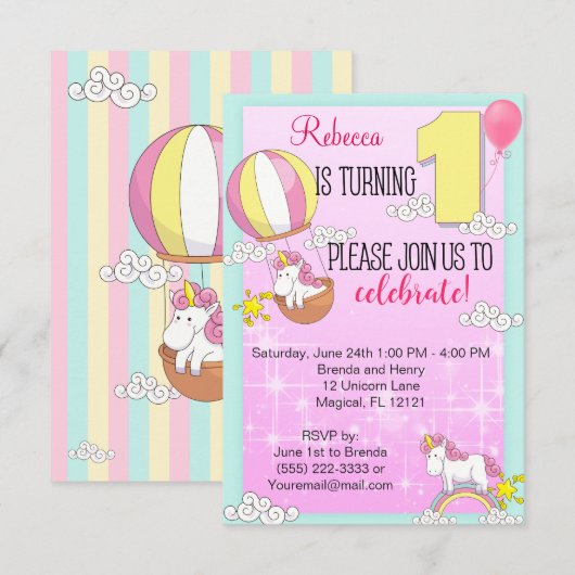 Unicorn Rainbow 1st Birthday Party Kaart (Voorkant / Achterkant)