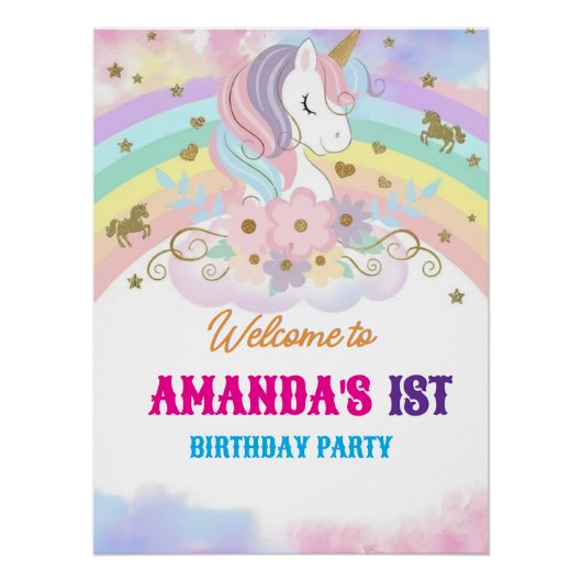 Unicorn Rainbow 1st Birthday Party Welcome Sign Perfect Poster (Voorkant)