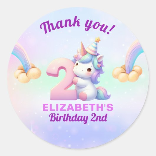 Unicorn Rainbow 2nd Birthday Party Decoration Ronde Sticker (Voorkant)