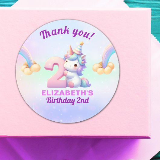Unicorn Rainbow 2nd Birthday Party Decoration Ronde Sticker