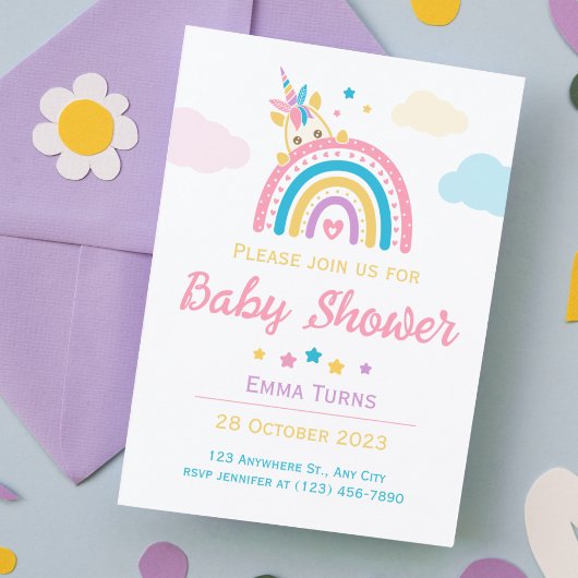 Unicorn Rainbow Baby shower Girl Kaart