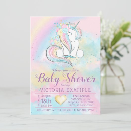 Unicorn Rainbow Baby shower Uitnodiging (Staand voorkant)