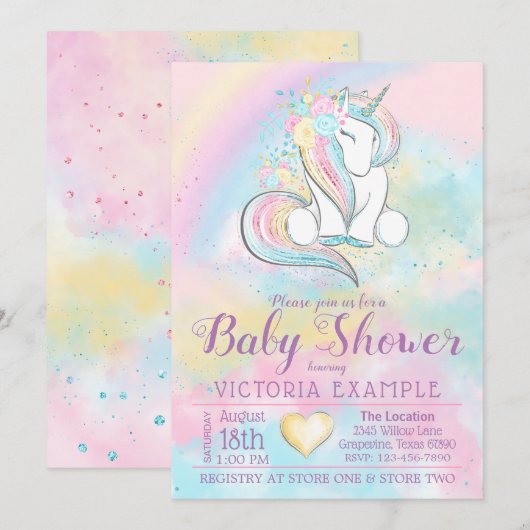 Unicorn Rainbow Baby shower Uitnodiging (Voorkant / Achterkant)