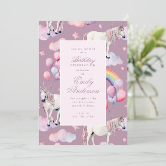 Unicorn Rainbow Balloons Roze Birthday Party Girl Kaart (Staand voorkant)