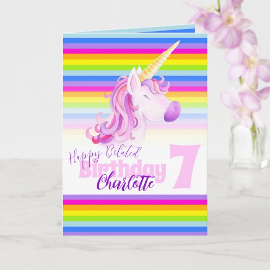 Unicorn rainbow belated 7th Birthday card Kaart (Orchidee)