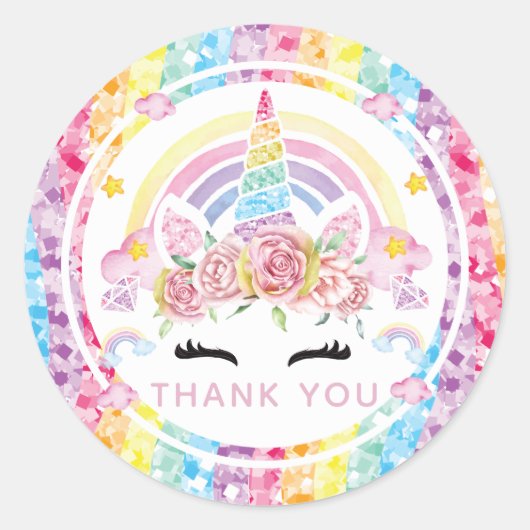 Unicorn Rainbow Birthday Dank u Ronde Sticker (Voorkant)