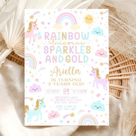 Unicorn Rainbow Birthday Invitation, 3rd Birthday  Kaart