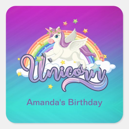 Unicorn Rainbow Birthday Magical Whimiscal Vierkante Sticker (Voorkant)