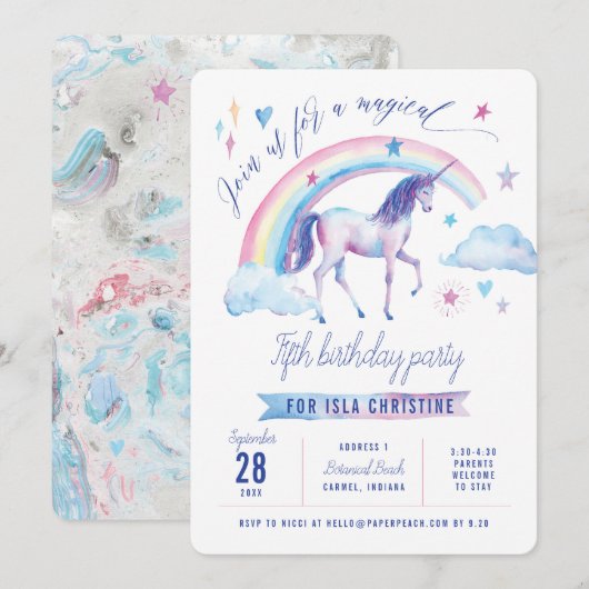 Unicorn Rainbow Birthday Party Invitation Kaart (Voorkant / Achterkant)