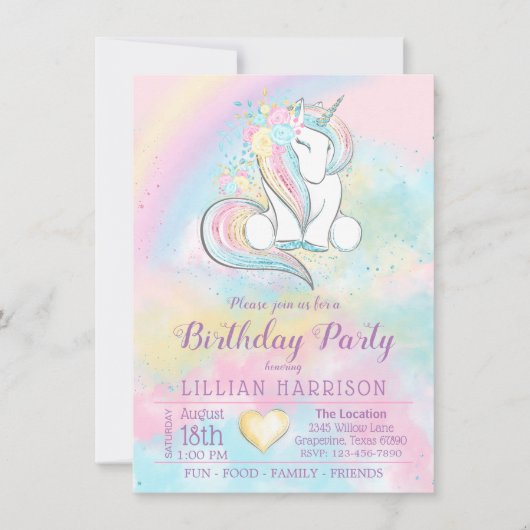 Unicorn Rainbow Birthday Party Invitations Kaart (Voorkant)