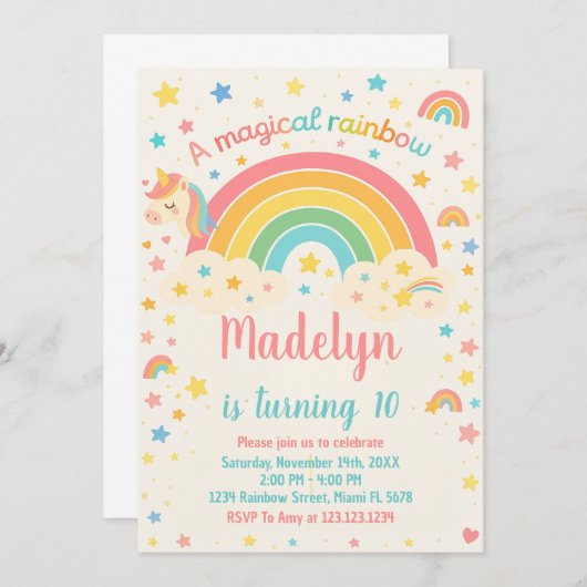 Unicorn Rainbow Birthday Uitnodiging (Voorkant / Achterkant)
