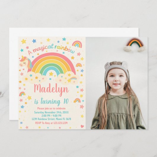 Unicorn Rainbow Birthday Uitnodiging (Voorkant / Achterkant)