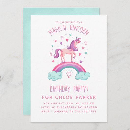 Unicorn Rainbow Birthday Uitnodiging (Voorkant / Achterkant)