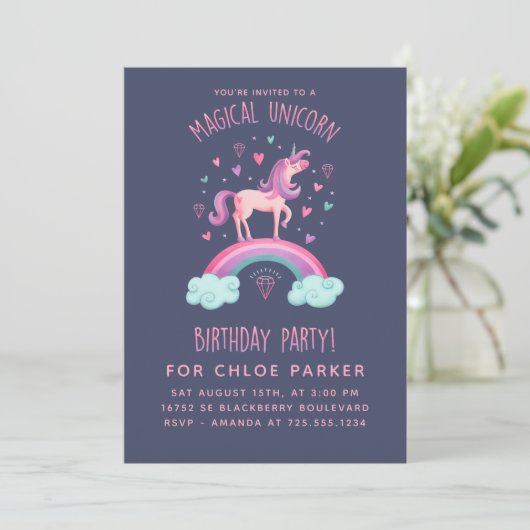 Unicorn Rainbow Birthday Uitnodiging (Staand voorkant)