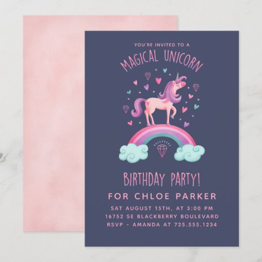 Unicorn Rainbow Birthday Uitnodiging (Voorkant / Achterkant)