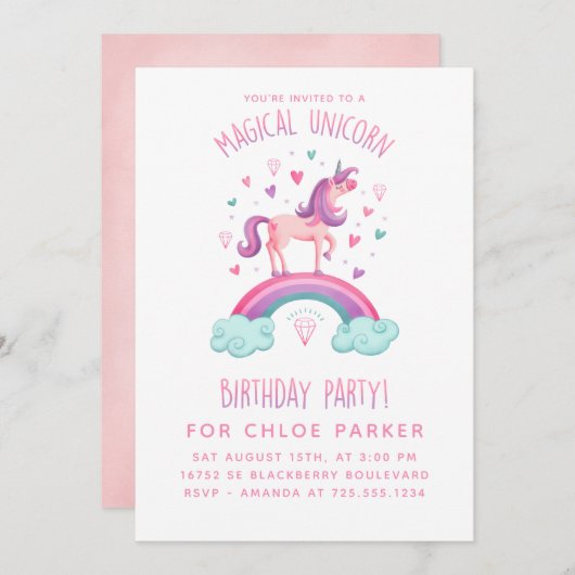 Unicorn Rainbow Birthday Uitnodiging (Voorkant / Achterkant)
