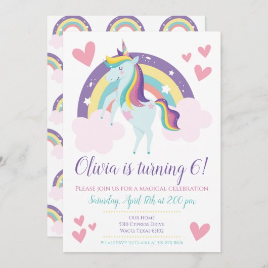 Unicorn Rainbow Birthday Uitnodiging (Voorkant / Achterkant)