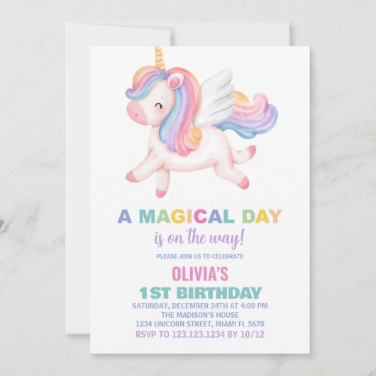 Unicorn Rainbow Birthday-uitnodigingen Kaart (Voorkant)