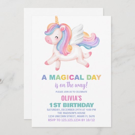 Unicorn Rainbow Birthday-uitnodigingen Kaart (Voorkant / Achterkant)