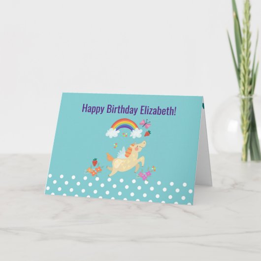 Unicorn Rainbow Clouds en Flowers Happy Birthday Kaart (Voorkant)