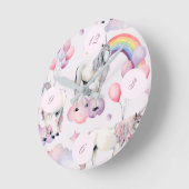Unicorn Rainbow Clouds Pink FairyTale Balloon Girl Ronde Klok (Hoek)