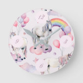 Unicorn Rainbow Clouds Pink FairyTale Balloon Girl Ronde Klok (Voorkant)