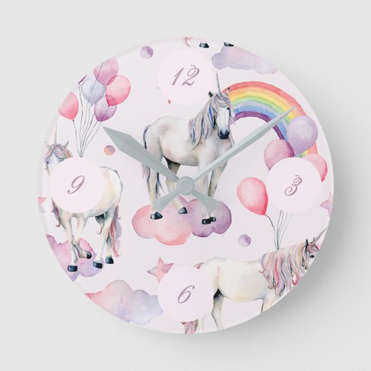 Unicorn Rainbow Clouds Pink FairyTale Balloon Girl Ronde Klok (Voorkant)