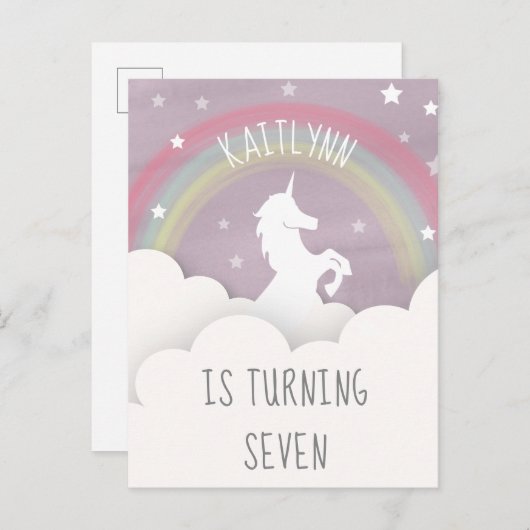 Unicorn Rainbow Clouds Stars Birthday Uitnodiging Briefkaart (Voorkant / Achterkant)
