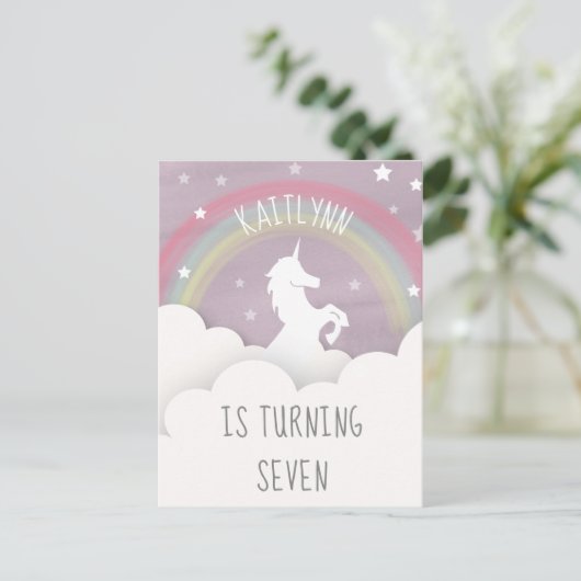 Unicorn Rainbow Clouds Stars Birthday Uitnodiging Briefkaart (Staand voorkant)