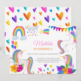 Unicorn Rainbow Colorful Birthday Invitation Kaart