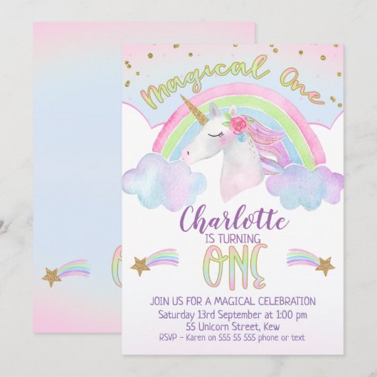 Unicorn Rainbow eerste verjaardag Kaart (Voorkant / Achterkant)