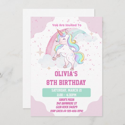 Unicorn Rainbow en Sparkles Birthday Invitation Kaart (Voorkant / Achterkant)
