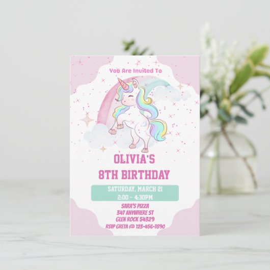 Unicorn Rainbow en Sparkles Birthday Invitation Kaart (Staand voorkant)