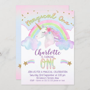 Unicorn Rainbow First Birthday Uitnodiging