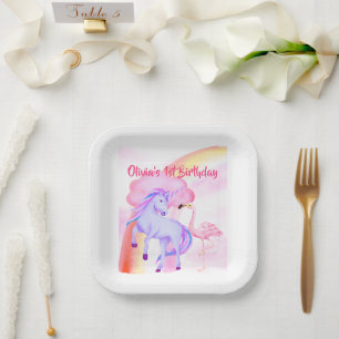 Unicorn Rainbow Flamingo Girls 1st Birthday Papieren Bordje