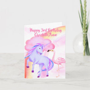 Unicorn Rainbow Flamingo Girls 3rd Birthday Kaart