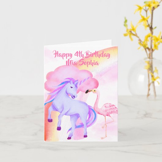 Unicorn Rainbow Flamingo Girls 4e verjaardag Kaart (Gele Bloem)