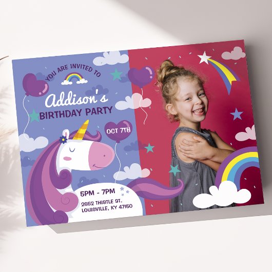 Unicorn Rainbow Foto Birthday Party Invitation Kaart