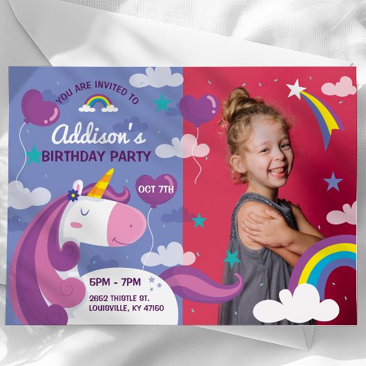 Unicorn Rainbow Foto Birthday Party Invitation Kaart