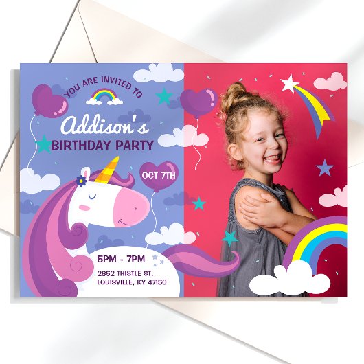 Unicorn Rainbow Foto Birthday Party Invitation Kaart