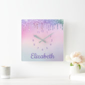 Unicorn Rainbow Glitter - Gepersonaliseerd Vierkante Klok (Huis)