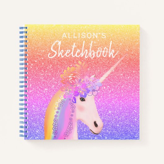 Unicorn Rainbow Glitter Sketchbook Name Script Notitieboek (Voorkant)