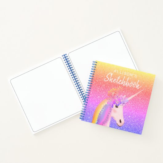 Unicorn Rainbow Glitter Sketchbook Name Script Notitieboek (Binnen)