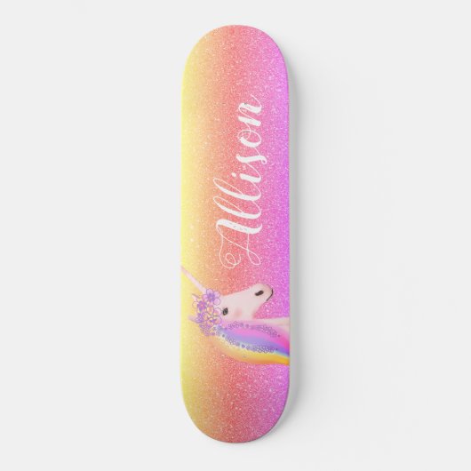 Unicorn Rainbow Glitter Sparkles Gepersonaliseerd Persoonlijk Skateboard (Voorkant)