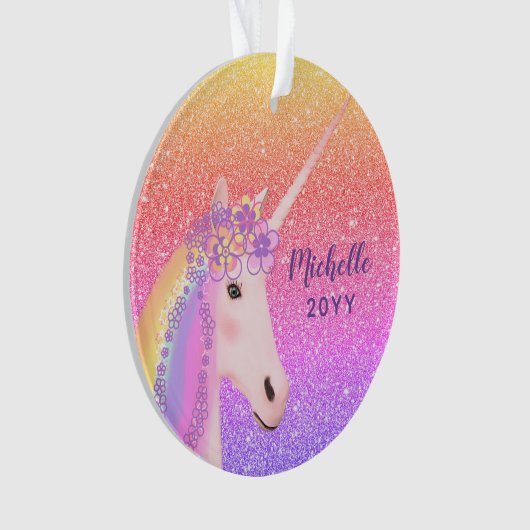 Unicorn Rainbow Glitter Stylish Kinder Personalize Ornament (voorkant)