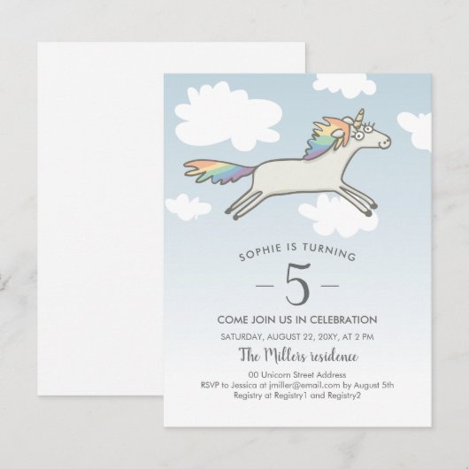 Unicorn Rainbow Hand Drawn Cute 5th Birthday Uitnodiging Briefkaart (Voorkant / Achterkant)