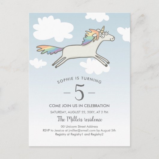 Unicorn Rainbow Hand Drawn Cute 5th Birthday Uitnodiging Briefkaart (Voorkant)
