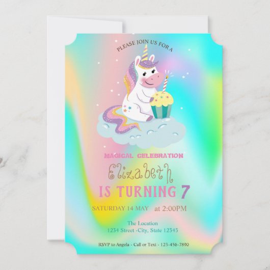 Unicorn Rainbow Holographic Magical Birthday Kaart (Voorkant)